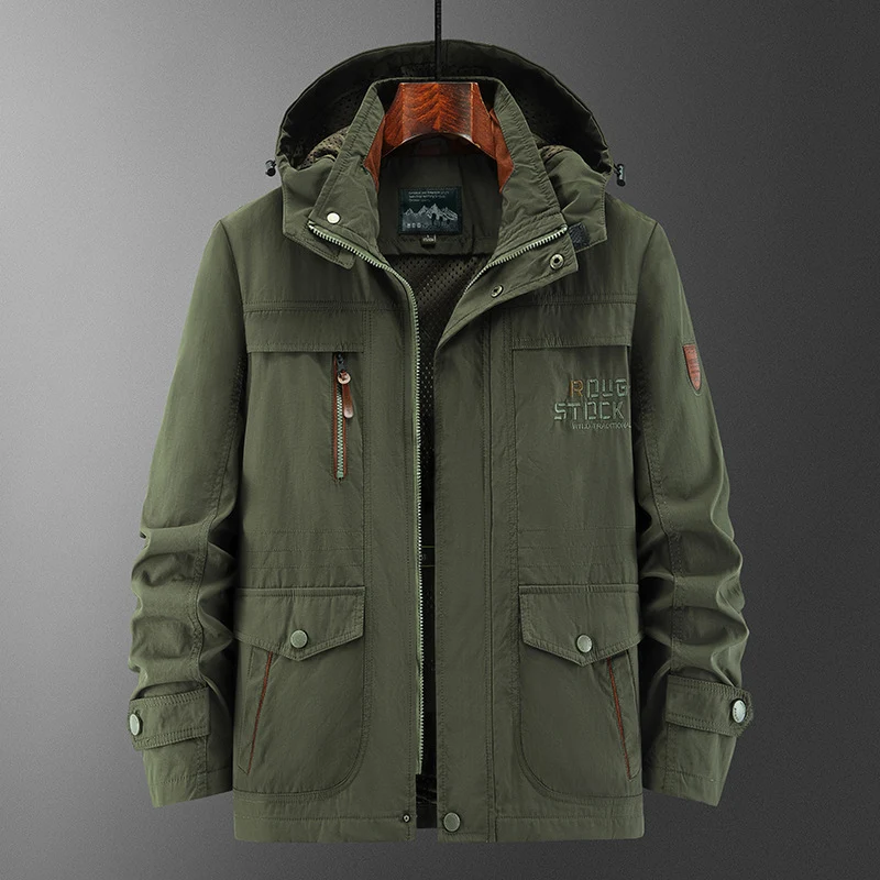 Herren Technische Feldjacke mit Kapuze, Multifunktionstaschen und atmungsaktivem Meshfutter Nord Taschen