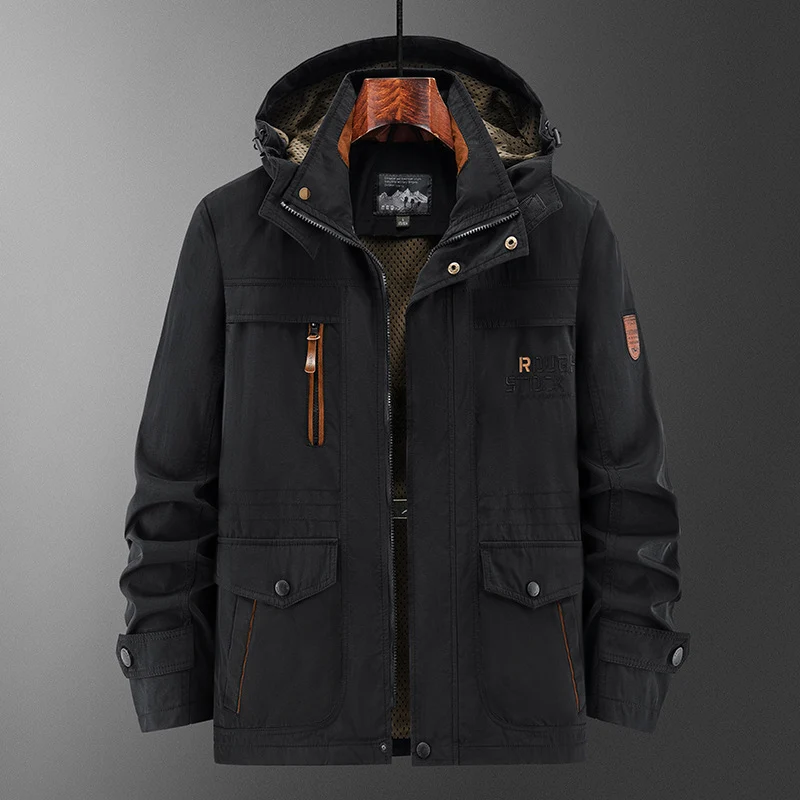 Herren Technische Feldjacke mit Kapuze, Multifunktionstaschen und atmungsaktivem Meshfutter Nord Taschen