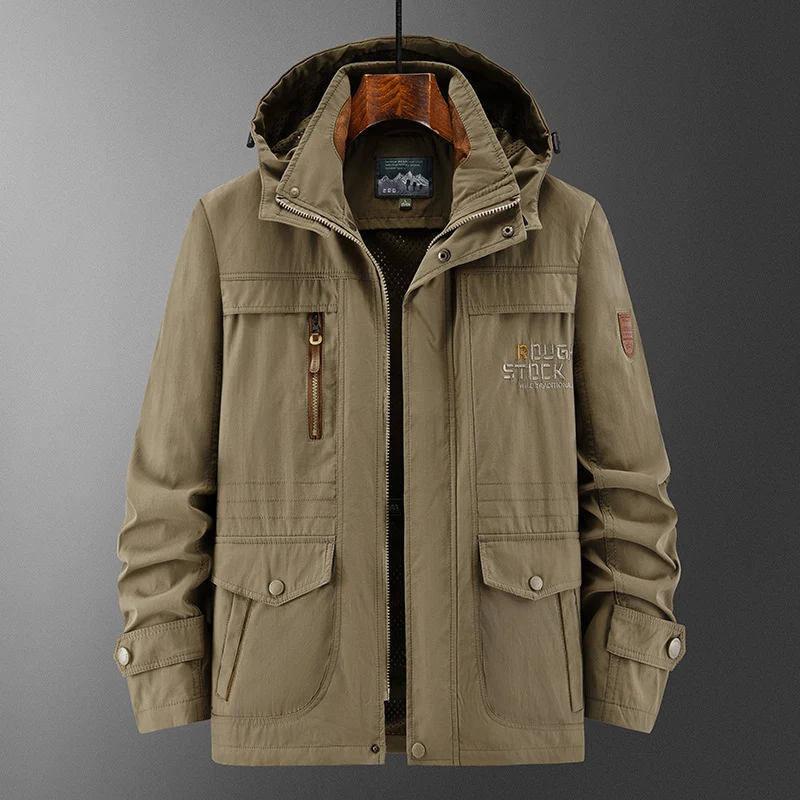 Herren Technische Feldjacke mit Kapuze, Multifunktionstaschen und atmungsaktivem Meshfutter Nord Taschen