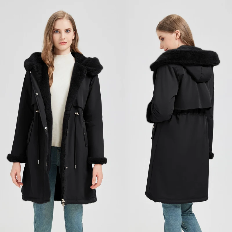Damen nan taillierter langer Thermoparka mit Webpelzbesatz an Kapuze und Ärmeln sowie Kordeltaille Nord Taschen