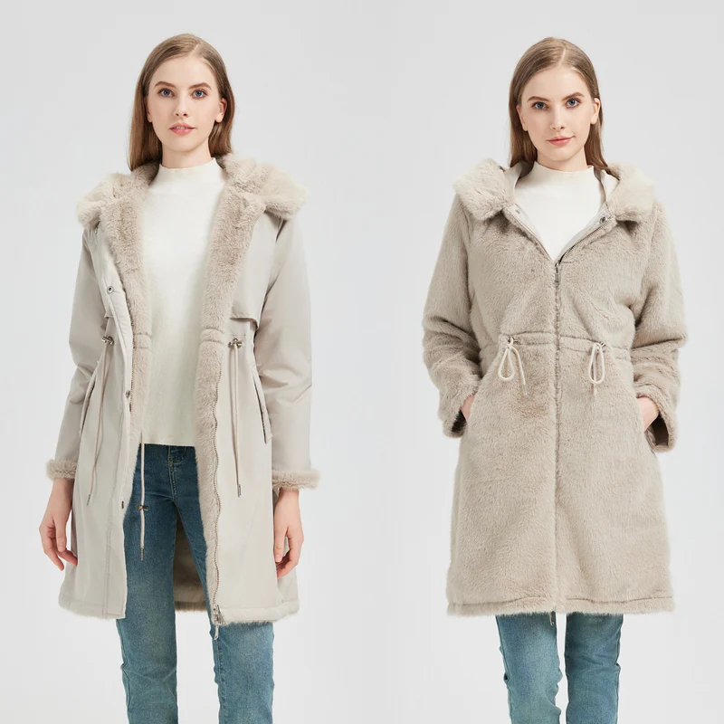 Damen nan taillierter langer Thermoparka mit Webpelzbesatz an Kapuze und Ärmeln sowie Kordeltaille Nord Taschen