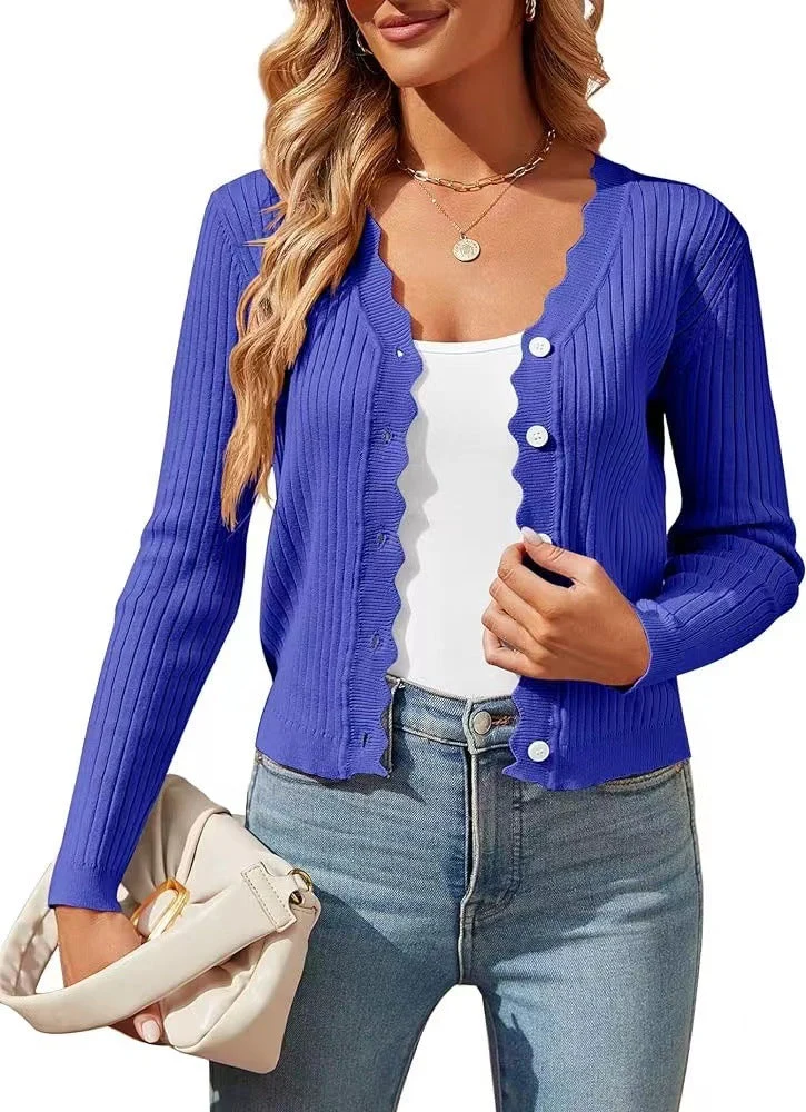 Damen elegante Strickjacke mit Wellenkante