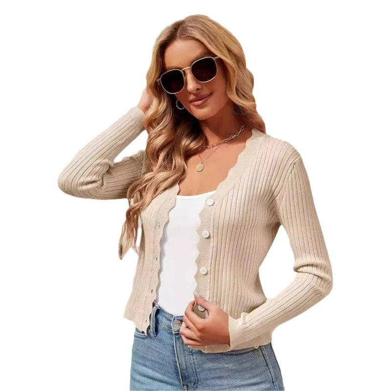 Damen elegante Strickjacke mit Wellenkante