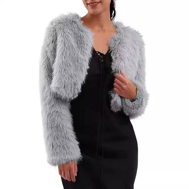 Damen Kurze glamouröse Kunstfelljacke mit lockeren Ärmeln
