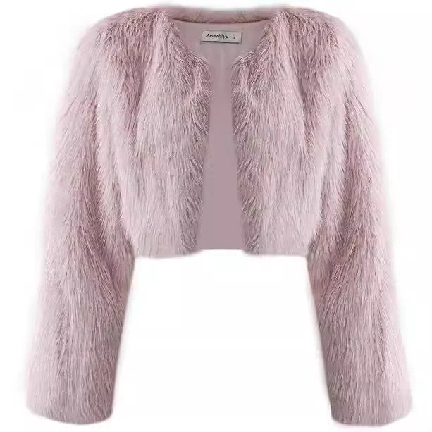 Damen Kurze glamouröse Kunstfelljacke mit lockeren Ärmeln