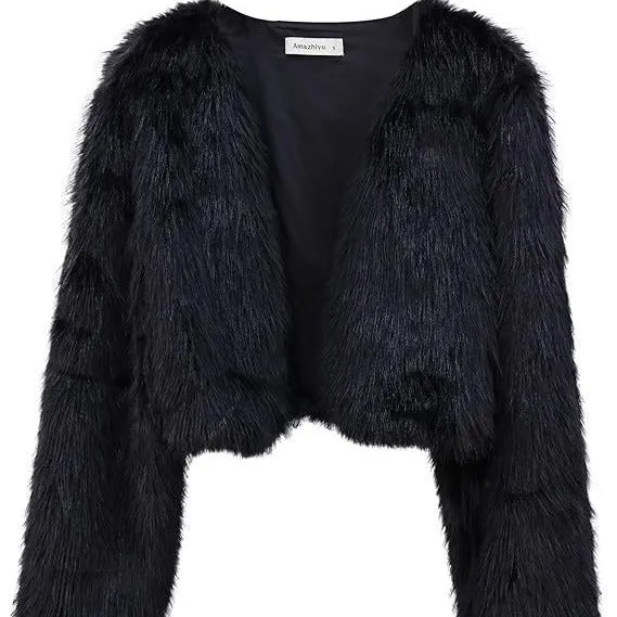 Damen Kurze glamouröse Kunstfelljacke mit lockeren Ärmeln