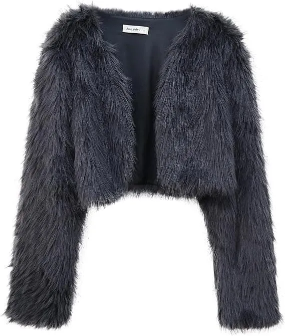 Damen Kurze glamouröse Kunstfelljacke mit lockeren Ärmeln