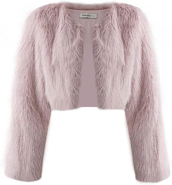 Damen Kurze glamouröse Kunstfelljacke mit lockeren Ärmeln