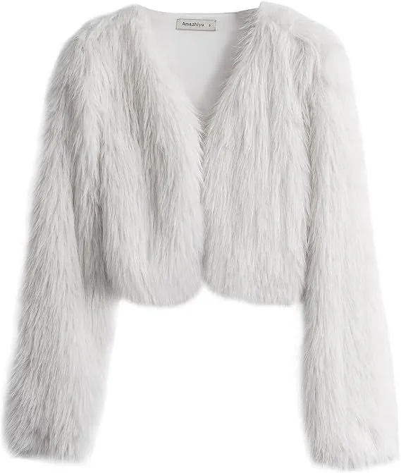 Damen Kurze glamouröse Kunstfelljacke mit lockeren Ärmeln