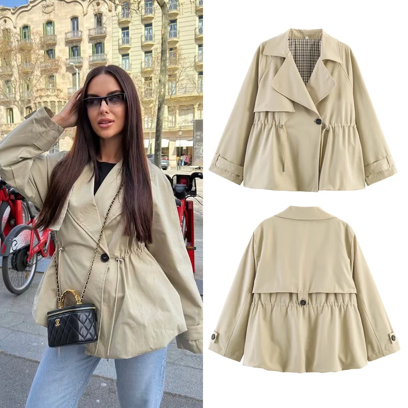 Damen Kurzer Trenchcoat mit Kordelzug-Taillierung Nord Taschen