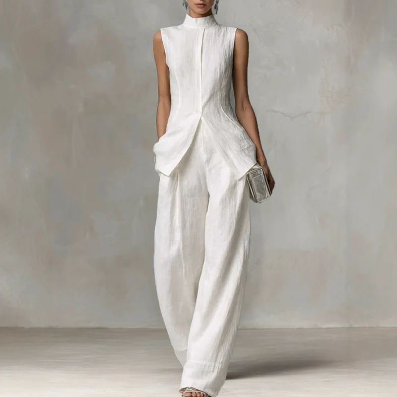 Damen Ärmelloser Leinen-Jumpsuit mit Stehkragen und weitem Bein Nord Taschen
