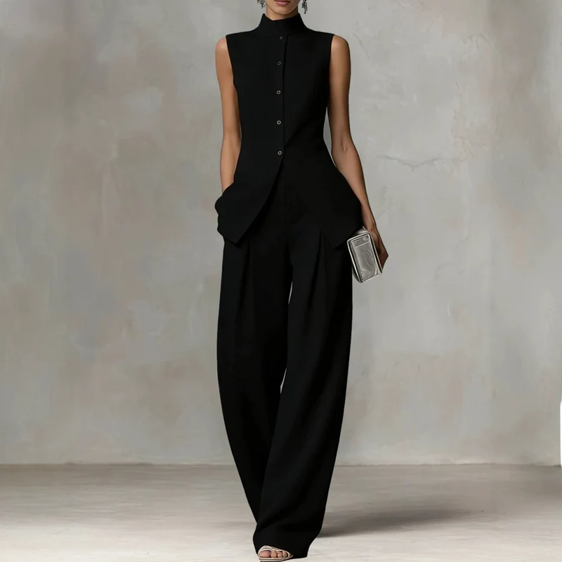 Damen Ärmelloser Leinen-Jumpsuit mit Stehkragen und weitem Bein Nord Taschen