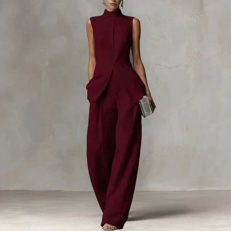 Damen Ärmelloser Leinen-Jumpsuit mit Stehkragen und weitem Bein Nord Taschen