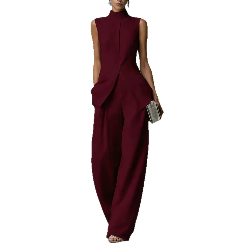 Damen Ärmelloser Leinen-Jumpsuit mit Stehkragen und weitem Bein Nord Taschen