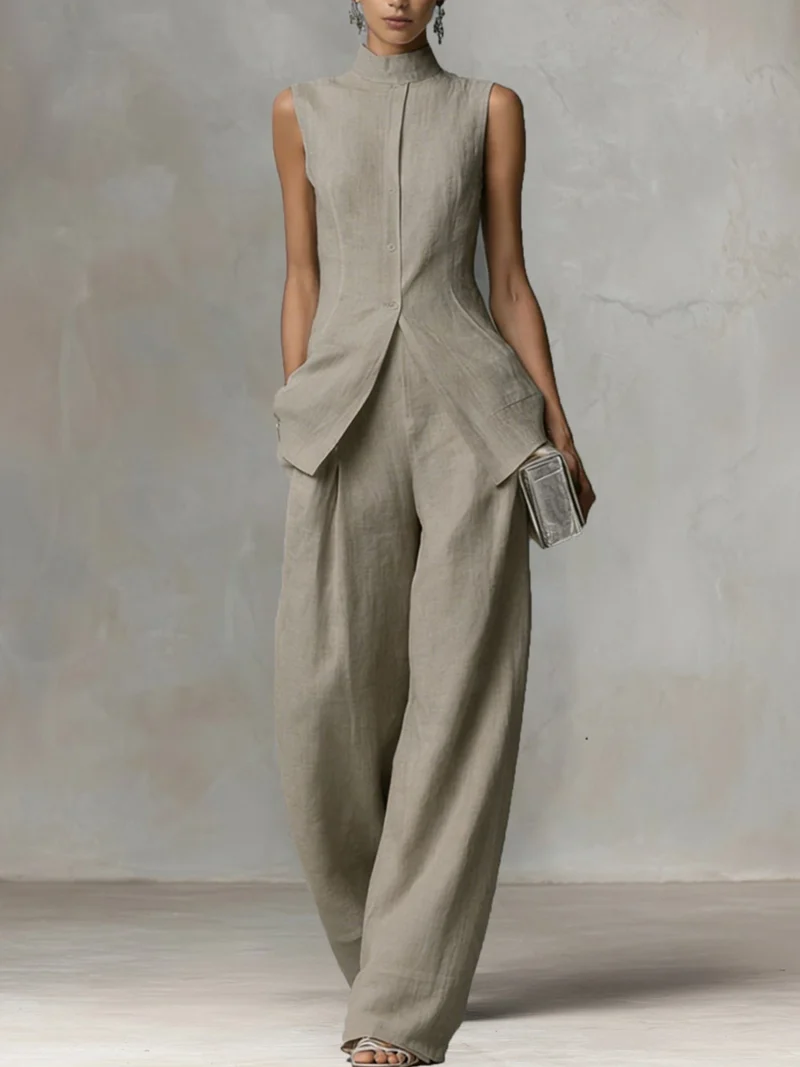 Damen Ärmelloser Leinen-Jumpsuit mit Stehkragen und weitem Bein Nord Taschen