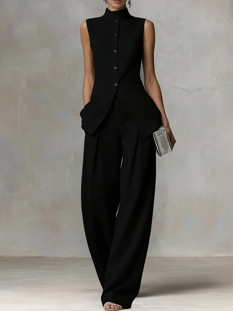 Damen Ärmelloser Leinen-Jumpsuit mit Stehkragen und weitem Bein Nord Taschen
