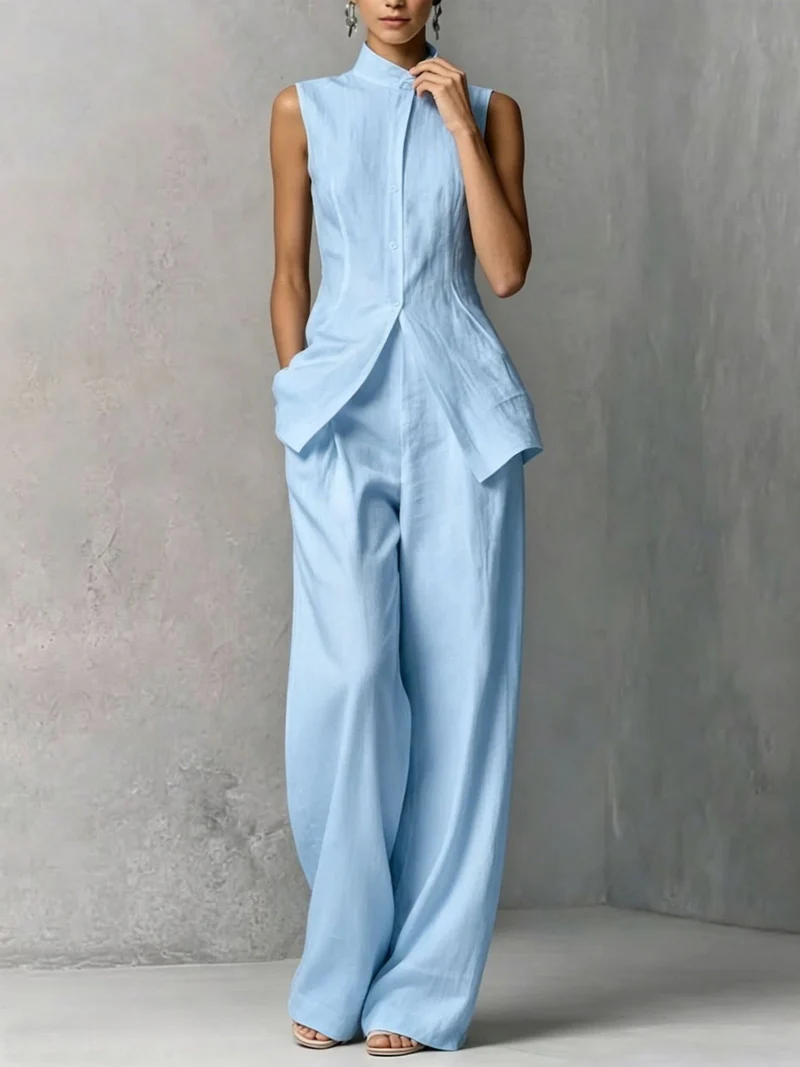 Damen Ärmelloser Leinen-Jumpsuit mit Stehkragen und weitem Bein Nord Taschen
