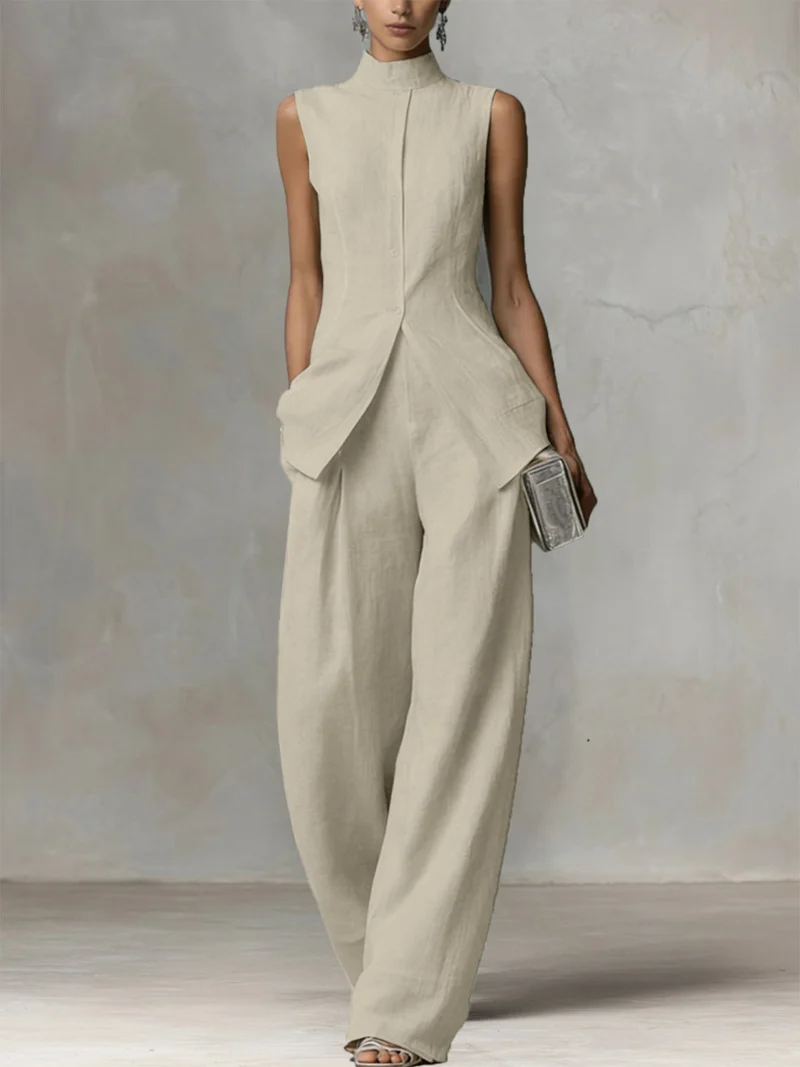 Damen Ärmelloser Leinen-Jumpsuit mit Stehkragen und weitem Bein Nord Taschen