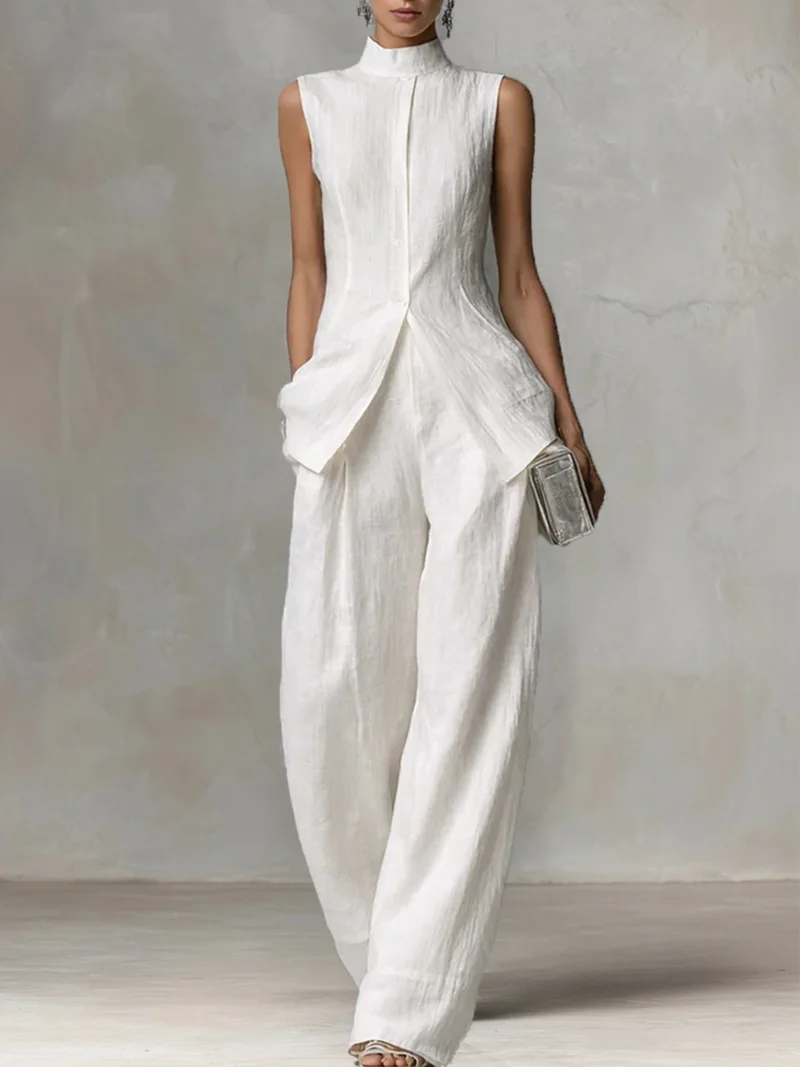 Damen Ärmelloser Leinen-Jumpsuit mit Stehkragen und weitem Bein Nord Taschen