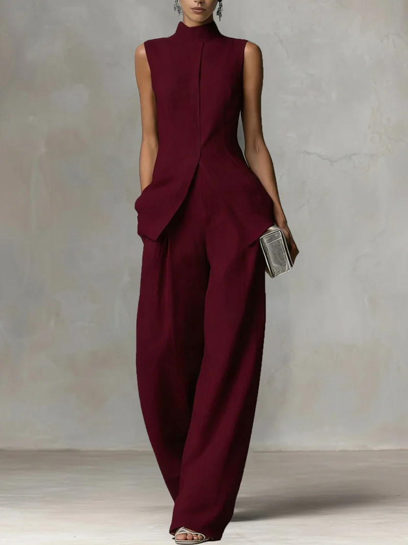 Damen Ärmelloser Leinen-Jumpsuit mit Stehkragen und weitem Bein Nord Taschen