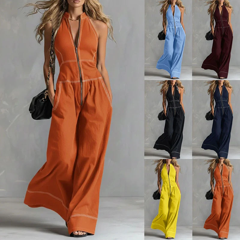 Damen Ärmelloser Halter-Jumpsuit mit Reißverschluss, weitem Bein und Eingrifftaschen Nord Taschen