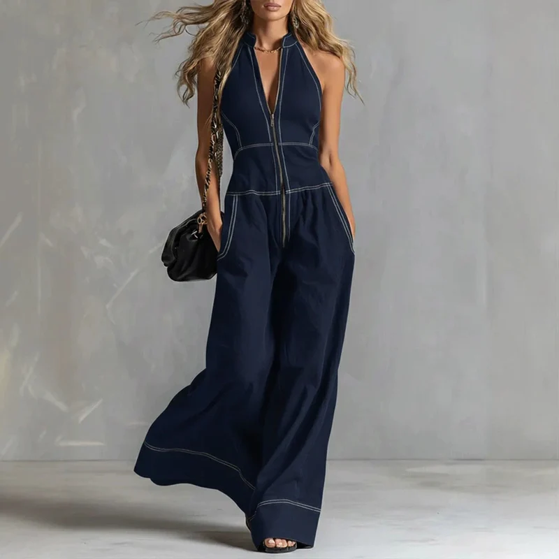 Damen Ärmelloser Halter-Jumpsuit mit Reißverschluss, weitem Bein und Eingrifftaschen Nord Taschen