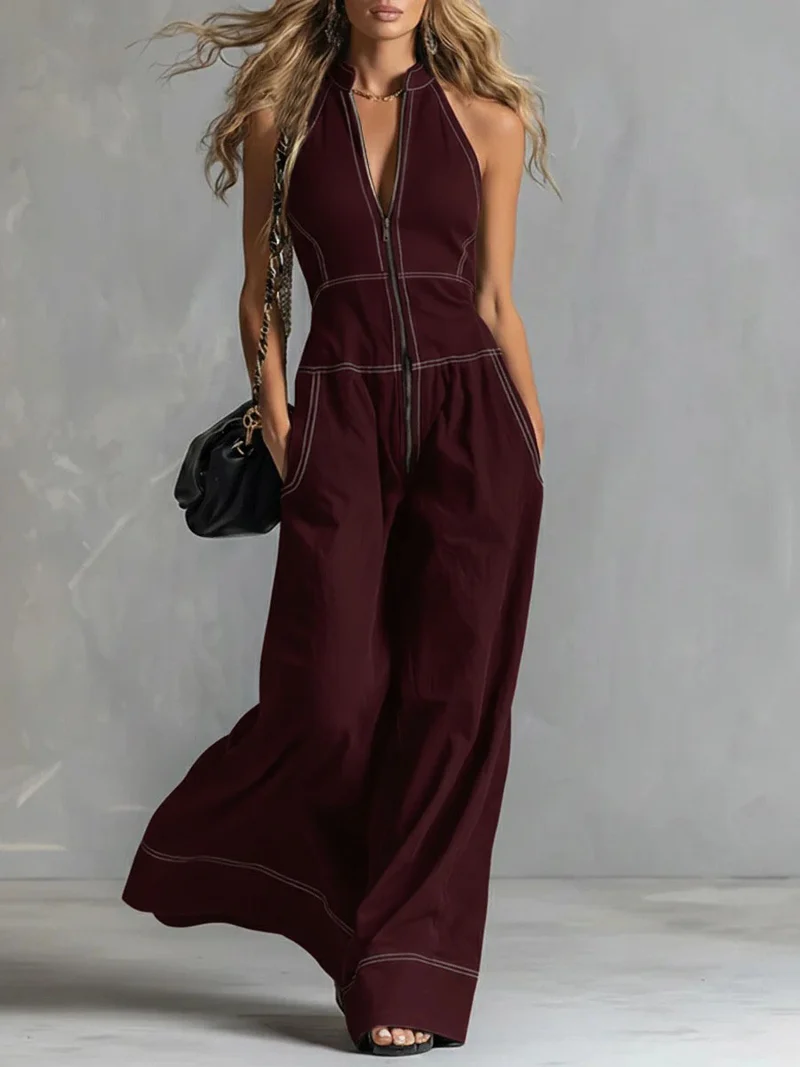 Damen Ärmelloser Halter-Jumpsuit mit Reißverschluss, weitem Bein und Eingrifftaschen Nord Taschen
