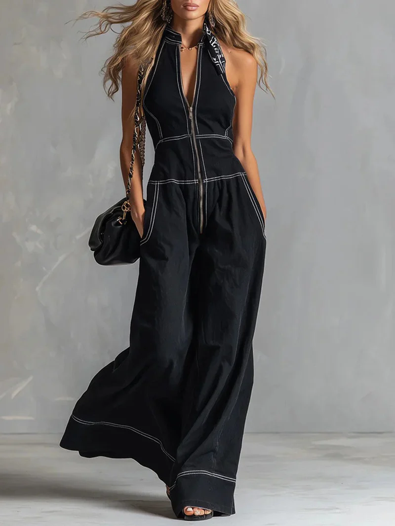 Damen Ärmelloser Halter-Jumpsuit mit Reißverschluss, weitem Bein und Eingrifftaschen Nord Taschen
