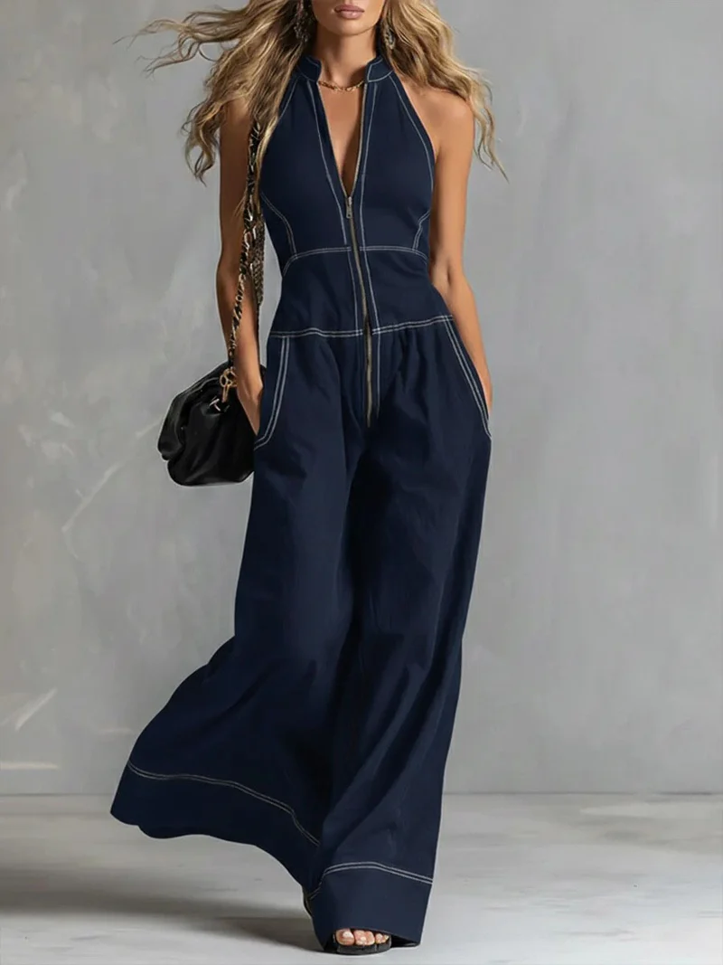 Damen Ärmelloser Halter-Jumpsuit mit Reißverschluss, weitem Bein und Eingrifftaschen Nord Taschen