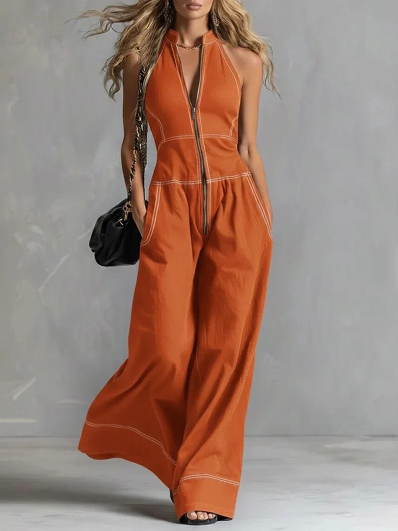 Damen Ärmelloser Halter-Jumpsuit mit Reißverschluss, weitem Bein und Eingrifftaschen Nord Taschen