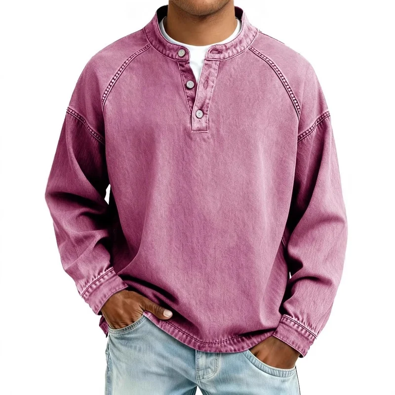 Herren Langarm-Henley Sweatshirt mit Stehkragen und Vintage-Denim-Effekt Nord Taschen