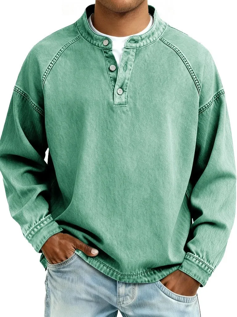 Herren Langarm-Henley Sweatshirt mit Stehkragen und Vintage-Denim-Effekt Nord Taschen