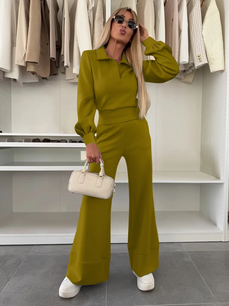 Damen Zweiteiliges Lounge-Set mit Polokragen und taillenhoher Palazzohose Nord Taschen