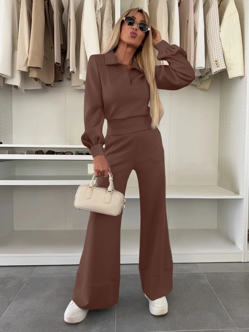 Damen Zweiteiliges Lounge-Set mit Polokragen und taillenhoher Palazzohose Nord Taschen