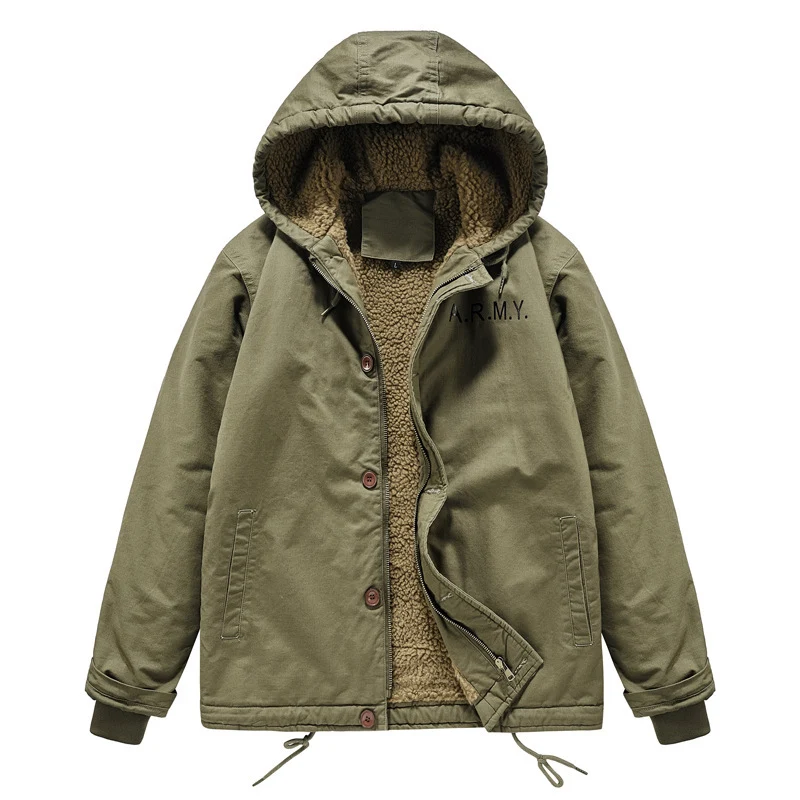 Herren wattierte Kapuzenjacke im Canvas‑Look mit Sherpa‑Futter und Militärprint Nord Taschen