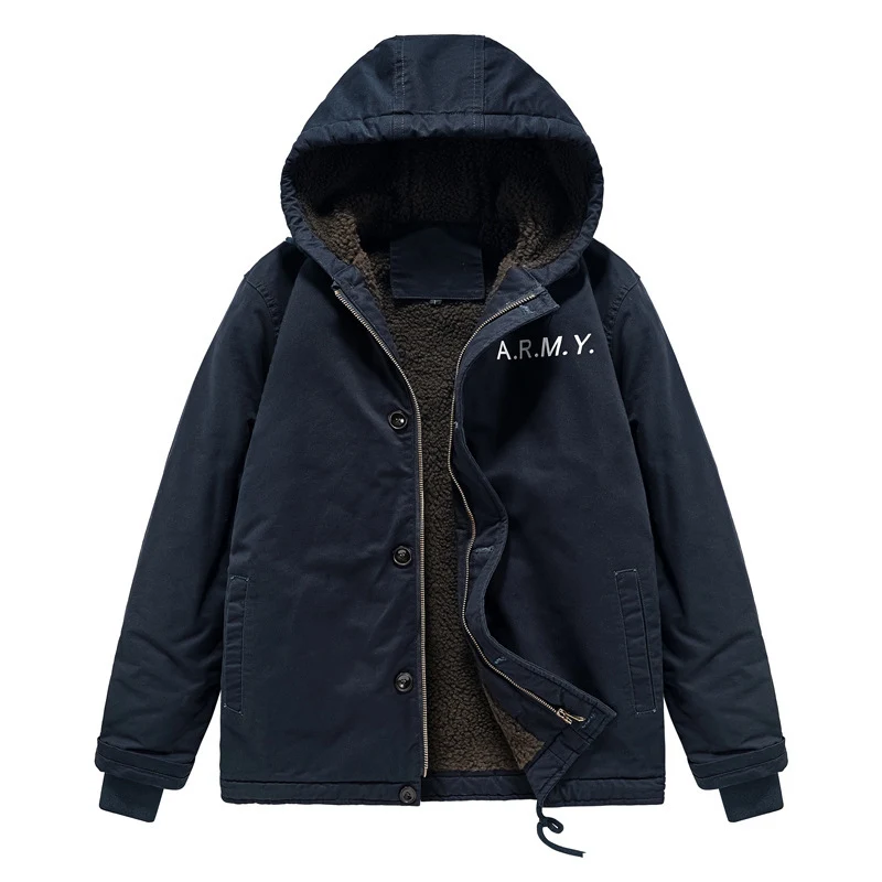 Herren wattierte Kapuzenjacke im Canvas‑Look mit Sherpa‑Futter und Militärprint Nord Taschen