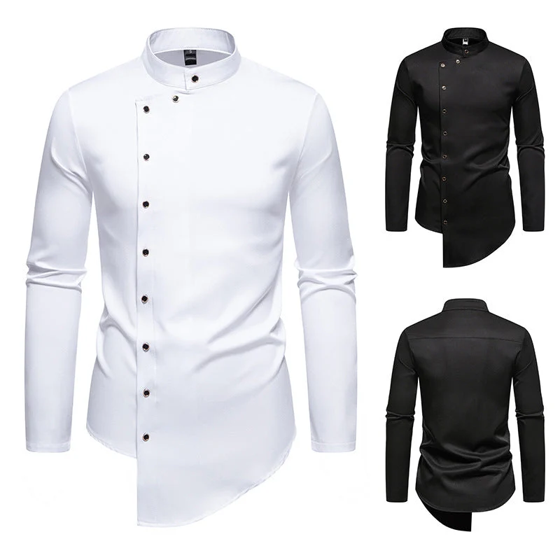 Herren modern geschnittenes Langarmhemd mit asymmetrischer Knopfleiste und Stehkragen Nord Taschen