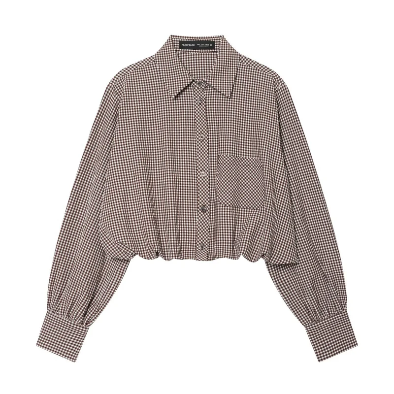 Damen Karo-Cropped-Hemdbluse mit Ballonärmeln, Brusttasche und elastischem Saum Nord Taschen