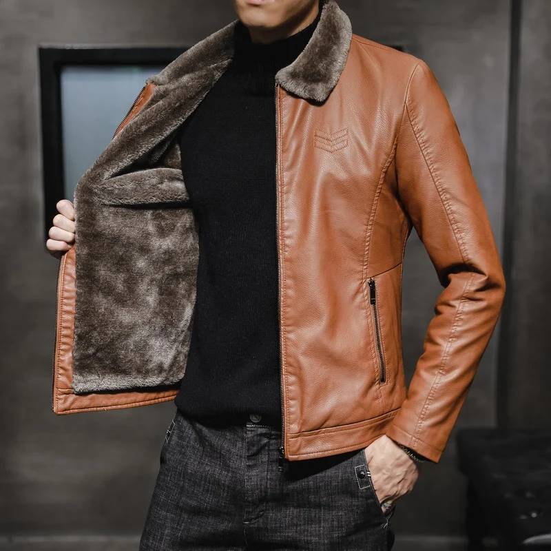 Herren Lässige Lederoptik-Jacke mit Teddykragen, Reißverschlusstaschen und schmaler Silhouette Nord Taschen