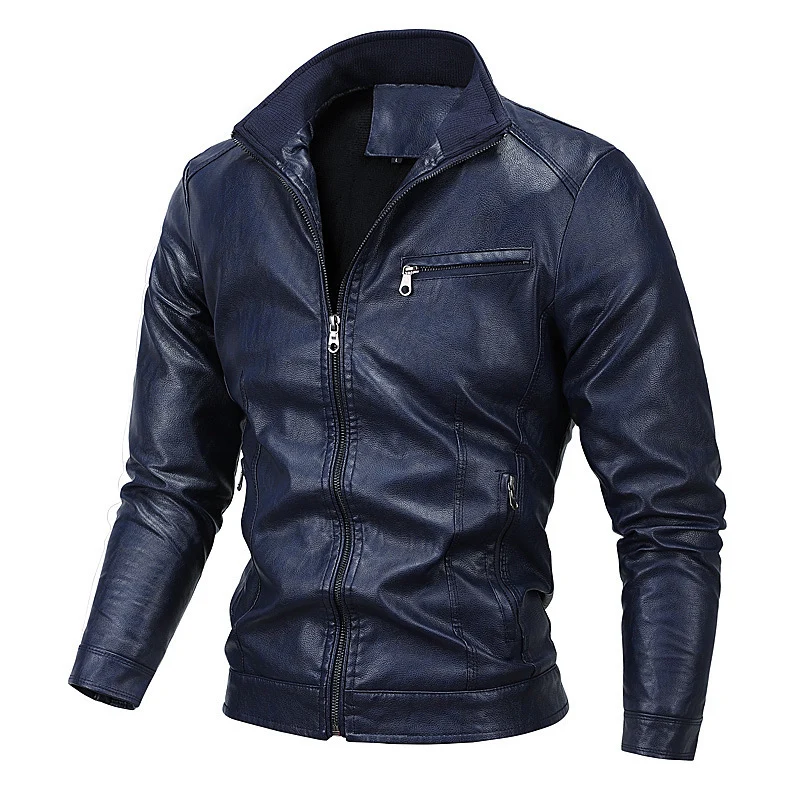 Herren schlanker Kunstleder‑Moto‑Blouson mit Stehkragen und Reißverschluss Nord Taschen