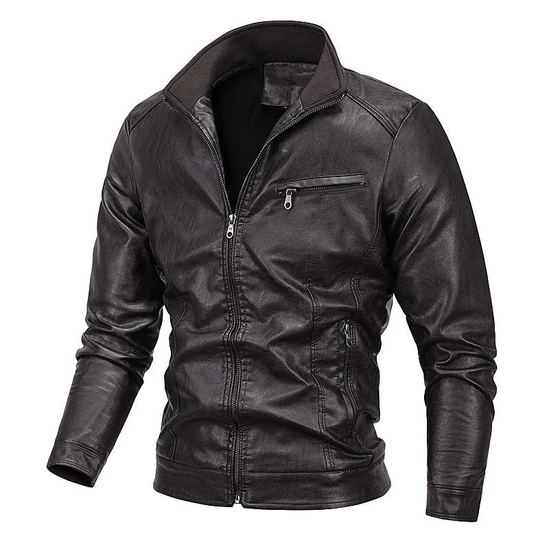 Herren schlanker Kunstleder‑Moto‑Blouson mit Stehkragen und Reißverschluss Nord Taschen