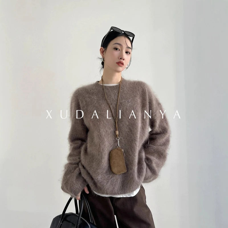 Damen weicher Mohair-Pullover mit Rundhals und Oversize-Schnitt Nord Taschen