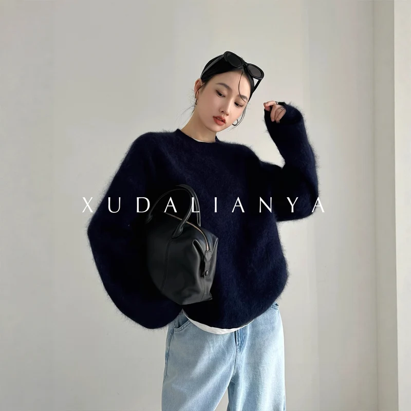 Damen weicher Mohair-Pullover mit Rundhals und Oversize-Schnitt Nord Taschen