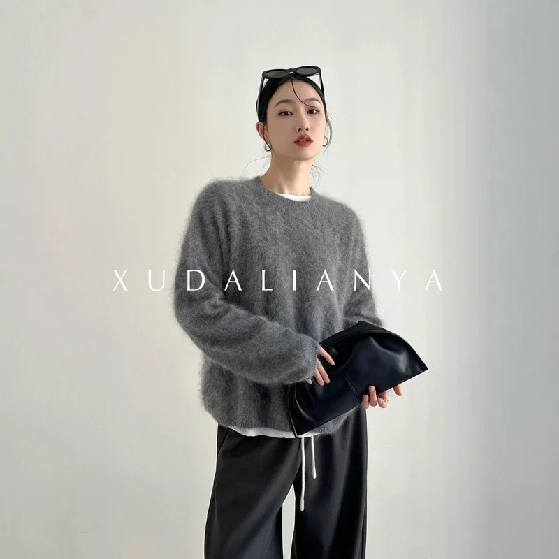 Damen weicher Mohair-Pullover mit Rundhals und Oversize-Schnitt Nord Taschen