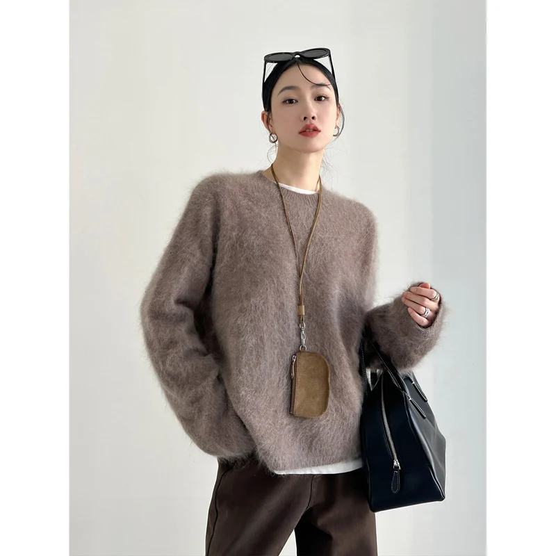 Damen weicher Mohair-Pullover mit Rundhals und Oversize-Schnitt Nord Taschen