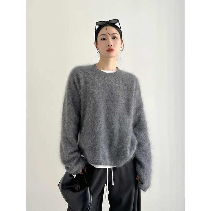 Damen weicher Mohair-Pullover mit Rundhals und Oversize-Schnitt Nord Taschen