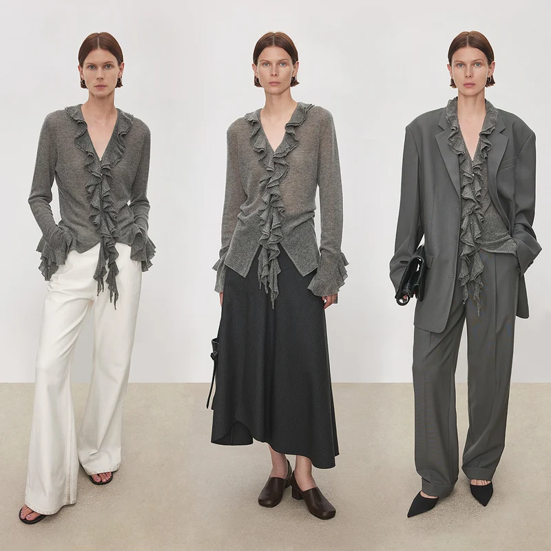 Damen Rüschen-Strickcardigan mit V-Ausschnitt und Volantärmeln Nord Taschen