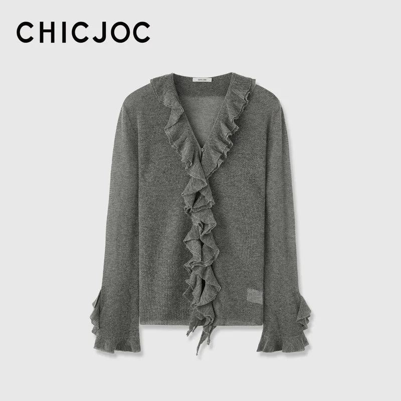 Damen Rüschen-Strickcardigan mit V-Ausschnitt und Volantärmeln Nord Taschen