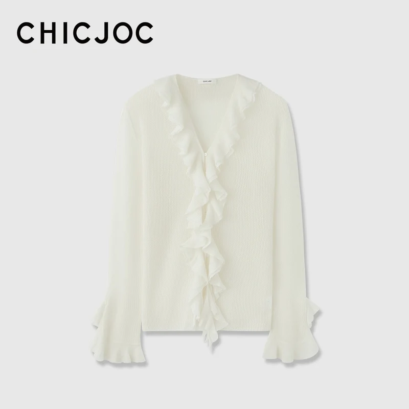 Damen Rüschen-Strickcardigan mit V-Ausschnitt und Volantärmeln Nord Taschen