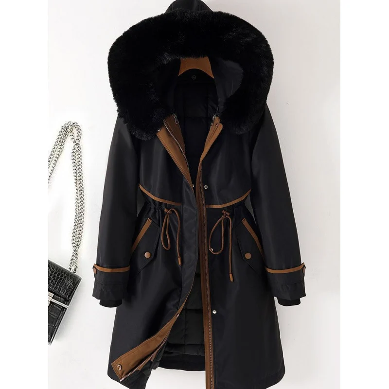 Damen nan langer Parka mit Kunstfellkapuze Taillenzug und kontrastierten Paspeln Nord Taschen